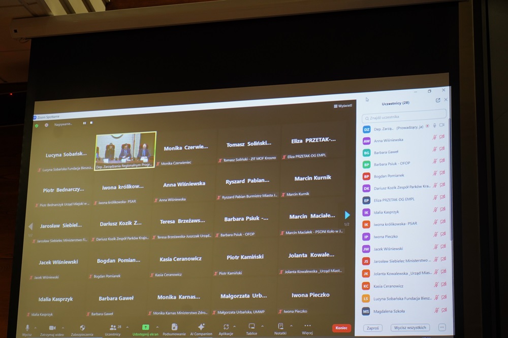 Zbliżenie na ekran, na którym widoczna jest lista osób łączących się zdalnie podczas posiedzenia Komitetu Monitorującego